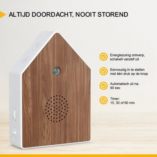 UPLY Maison d'oiseau avec son - Maison d'oiseau avec capteur - 5 sons naturels pour toilettes/WC - Détecteur de mouvement - Zwitscherbox - Cadeau - Fixation incluse - Blanc - Chêne