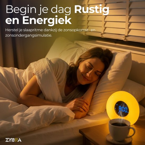 Zybra® Premium Wake Up Light - Réveil numérique - Alarme lumineuse - Veilleuse - Réveil - 20 niveaux de luminosité - 25 sons de bruit blanc - Manuel néerlandais inclus