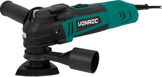 VONROC Multitool oscillant 350W - Vitesse variable 12,000 - 22,000 p/min. - Comprend un plateau de ponçage, une lame de scie, une lame de raclage et un adaptateur pour aspirateur.