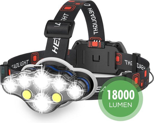 Travelhawk Headlamp - Lampe frontale LED rechargeable - Lampes frontales - Lampe frontale rechargeable - Lampe frontale 8 LED - 18000 lumens - 500 mètres de portée - Réglable - Sac de transport inclus