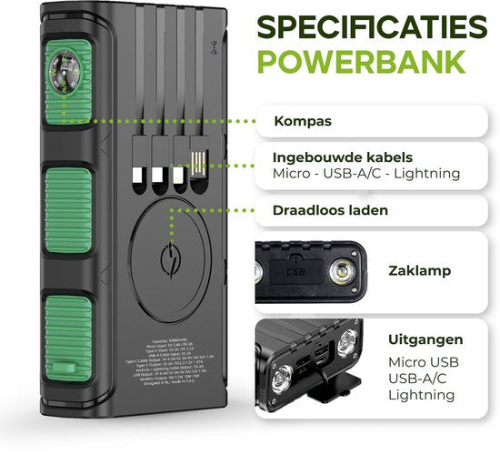 iSetchi Solar Powerbank 42800 mAh - Batterie externe - Pack d'urgence - Alimentation solaire - Chargeur rapide - Avec boussole et câble USB-C - Charge rapide 22,5W - Avec lampe de poche pratique - Vert/Noir