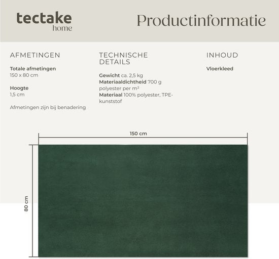 tectake® Tapis à poils courts - 80 x 150 cm - Vert - Tapis pour le salon, la chambre à coucher, la salle à manger - Facile d'entretien et lavable - Sous-couche antidérapante - Antiallergique - Diverses tailles et couleurs