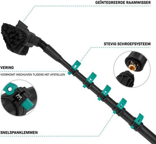 VONROC Brosse de lavage télescopique hybride - Aluminium/3K Full Carbon - 7,5 mètres - Tête de brosse à 5 niveaux, tuyau d'arrosage de 11 m et distributeur de savon inclus.