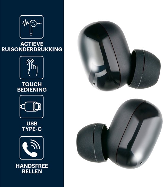Grundig Wireless Earbuds - Ecouteurs Bluetooth 5.3 - Ecouteurs avec cassette de recharge - Autonomie jusqu'à 20 heures - Rechargeable par USB-C - Contrôle tactile et appels mains libres