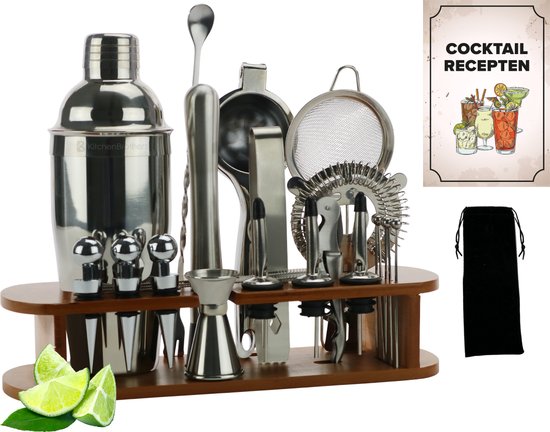 KitchenBrothers Set Cocktail - 25 pièces - Set de luxe - Shaker à cocktail (750ml) - Dark Brown/Bamboo - Avec livret de recettes - Emballage cadeau