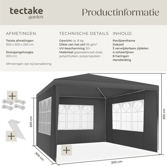 tectake® Pavillon Barinas - Tente de réception 3x3 m - Bâche imperméable avec 3 panneaux latéraux amovibles - Pavillon de jardin résistant aux intempéries - Lignes de tension et piquets inclus - Gris