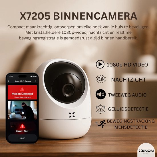 XENON Smart X7207 Caméra de sécurité intérieure - Caméra pour animaux de compagnie avec application - Caméras de sécurité - Caméra Wifi APP - Full HD 2MP - Détection de mouvement et de son - Caméra de surveillance