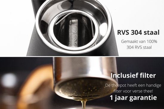 VDN Théière en acier inoxydable à double paroi avec filtre - Théière noire 1 litre - 904