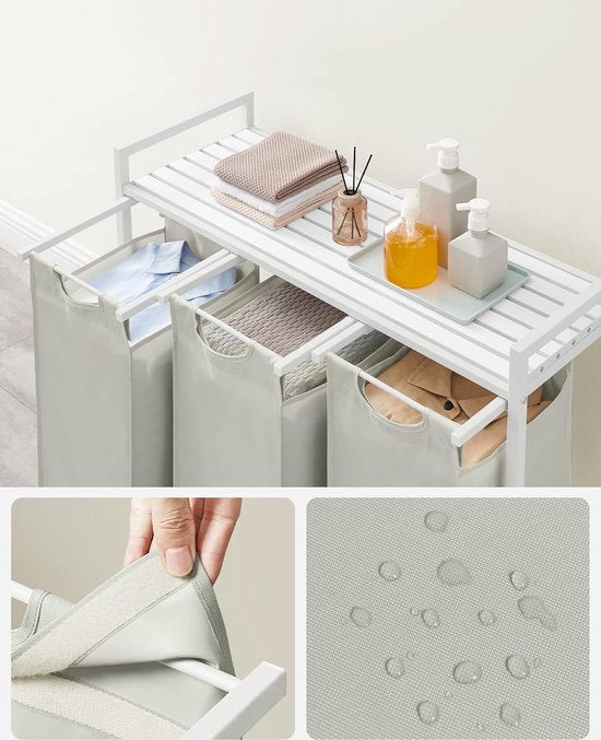 VASAGLE - Panier à linge, panier à linge sale, avec 3 compartiments et 3 poches amovibles en tissu Oxford, plan de travail, cadre métallique - 3 x 38 litres, 92,5 x 33 x 72 cm, blanc BLH301W01