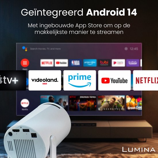 Lumina® Pro Mini Beamer 2026 - Projecteur intelligent Android 14 avec Google Playstore - Home cinéma - Pour iOS & Android - WiFi 6 & Bluetooth 5.4 - Blanc