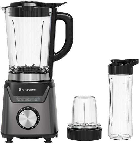KitchenBrothers Blender avec bouteille - 1200W - 1.5L - Smoothie Maker - Ice Crusher - Gris
