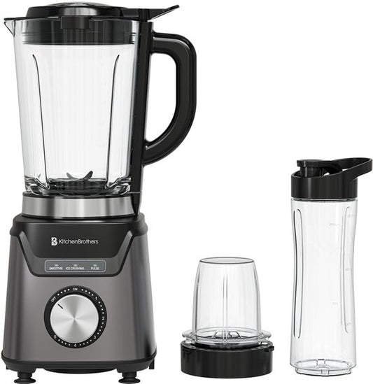 KitchenBrothers Blender avec bouteille - 1200W - 1.5L - Smoothie Maker - Ice Crusher - Gris