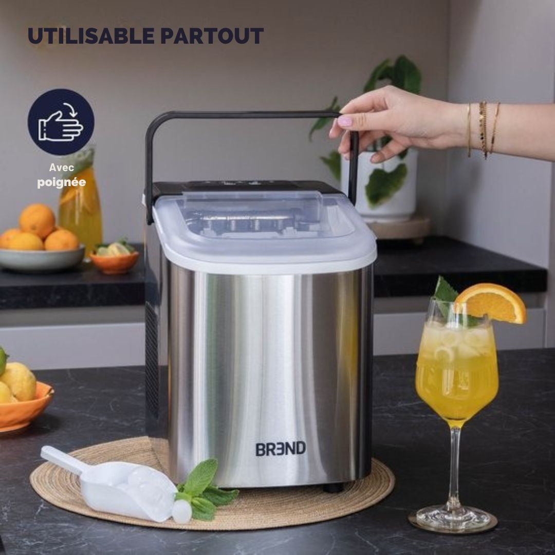 Machine à glaçons BREND - avec cuillère et plateau d'égouttage - Grands L ou petits S glaçons - 10 kg en 24 heures - Argenté