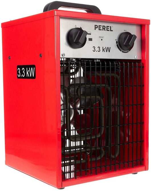 Perel Chauffage électrique à ventilateur 3300W, 2 niveaux de chaleur, thermostat et mode refroidissement, IP24, avec protection contre la surchauffe, chauffage portable compact pour l'atelier, le garage, la salle de loisirs