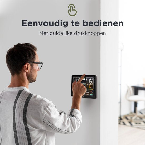 LONQ Station météo intérieure et extérieure Q5 - Piles incluses - Station météo sans fil avec capteur extérieur - Thermomètre Hygromètre - Affichage couleur - Horloge contrôlée par DCF
