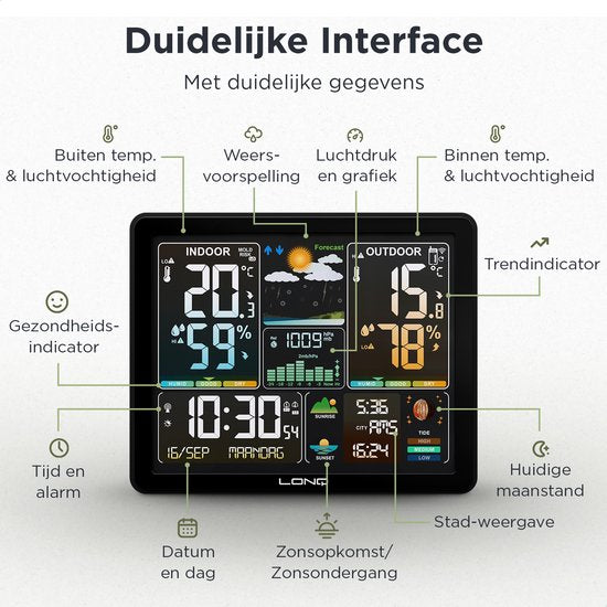 LONQ Station météo intérieure et extérieure Q5 - Piles incluses - Station météo sans fil avec capteur extérieur - Thermomètre Hygromètre - Affichage couleur - Horloge contrôlée par DCF
