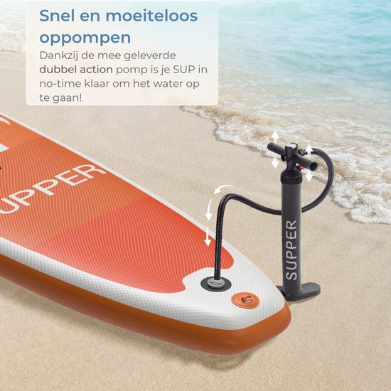 Supper Sup Board XL - Max. 220KG - Gonflable - Planche à pagaie - Étui étanche pour téléphone portable - Pompe - Palme - Leash - Sac de transport - 335 x 81 cm - Orange
