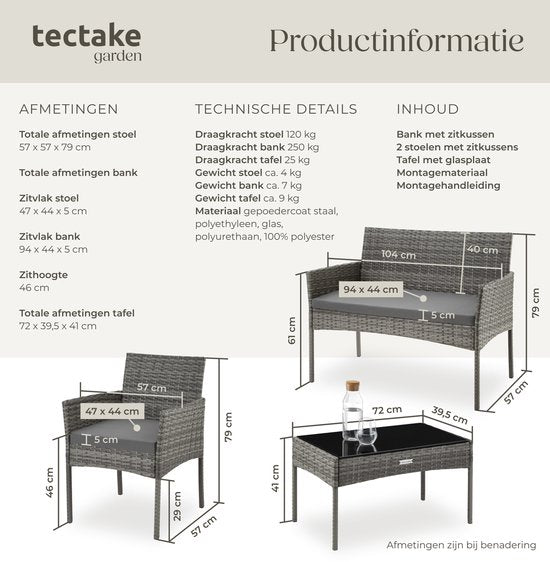 tectake® - Ensemble de jardin en osier Palese - Groupe de sièges pour 4 personnes - Ensemble de meubles de jardin avec banc de salon, table de jardin et 2 chaises de jardin, y compris les coussins d'assise - Meubles de jardin - Résistant à l'eau - Gris