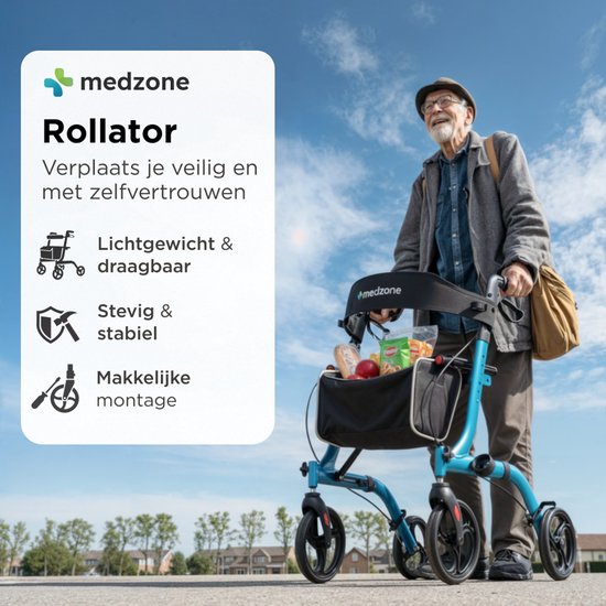 Déambulateur Medzone léger et pliable - fonction assise - intérieur et extérieur - dossier et support de canne - bleu