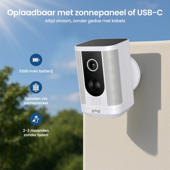 Gologi Solar Pro Caméra de sécurité extérieure - 5200 mAh - Vision nocturne - Détection de mouvement - Caméra de surveillance - Panneau solaire - Sans fil - USB-C - WiFi et App - Blanc