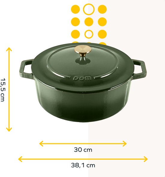 Casserole en fonte MOA - 7,2L - Pour toutes les sources de chaleur y compris l'induction - Avec couvercle - Ø 30cm - Revêtement antiadhésif - Vert