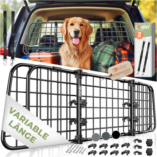 LovPet® Dog Rack Car, Cloison universelle pour voiture, largeur réglable, Appui-tête, Porte-bagages, Protection du coffre Dimensions HxL 30 x 91-153 cm , + 2x Sangle de sécurité pour chiens - Noir