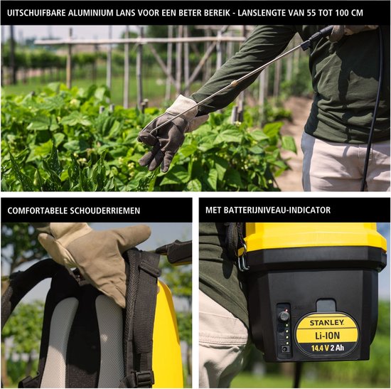 Stanley Pulvérisateur 16 L arrière, pulvérisateur arrière jardin, pulvérisateur à pression, électrique, batterie rechargeable lithium, lance télescopique, buse réglable, autonomie 2 h, max 5 bar, 0.60 l/minute, jaune/noir