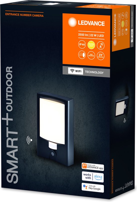 LEDVANCE SMART+ applique murale extérieure + numéro de maison & caméra, lampe LED blanc chaud (3000K), boîtier en polycarbonate de haute qualité en gris foncé, haut-parleur intégré, carte mémoire, technologie smart wifi