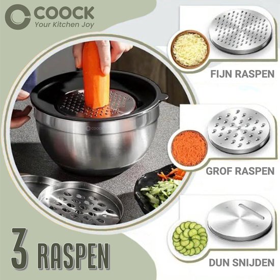COOCK inox - Set de bols à mélanger avec couvercle - Bols à frire avec couvercle - Bol de stockage avec râpe - Bol pour salades et mélanges - Set de 22 pièces de 1,5 à 5 litres - Cuillères à mesurer incluses