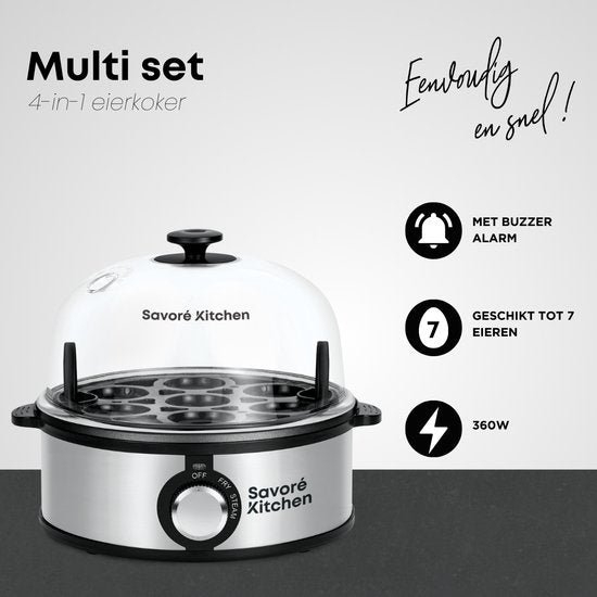 Savoré Kitchen 4-in-1 Poule à oeufs 7 oeufs - Plaque antiadhésive - Electrique - Poule à oeufs avec minuterie