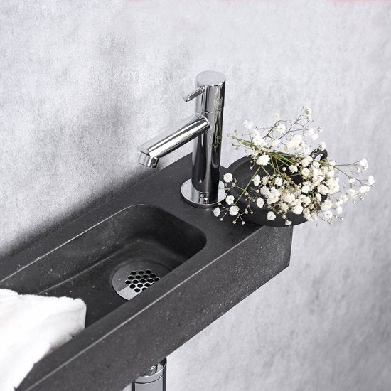 Differnz Fontaine Luxor - Evier en pierre naturelle - Noir - Robinet courbe - Chrome - Poignée standard - 38 x 14 x 8 cm