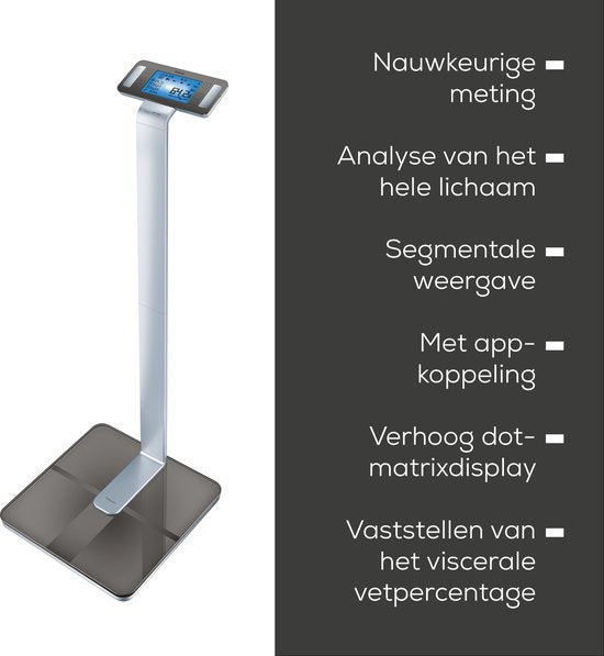 Beurer BF 1000 Super Precision Personal Scale - Analyse complète du corps - Pèse-personne à colonne - Écran XXL éclairé - Jusqu'à 200 kg - Mesure transversale - 8 électrodes - Bluetooth® - Beurer HealthManager Pro app - Piles incluses - Garantie de 5 ans