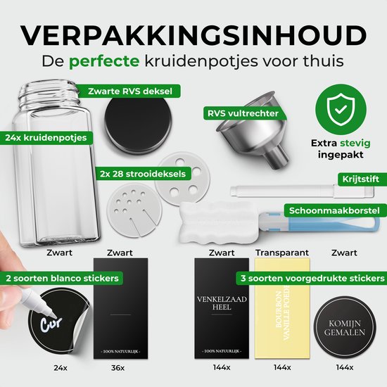 Soothe 24 pots à épices en verre carrés avec couvercle noir - 2 types de couvercles à saupoudrer - Spice Spreader - Pots à épices - Set complet avec stickers à épices, stick à craie et accessoires - 120ml