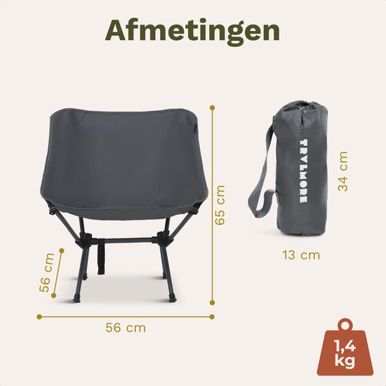 TRVLMORE Chaise de camping - pliable - capacité de charge 100KG - sac de transport inclus - chaise pliante - chaise de pêche - chaise de camping - chaise pliante - gris