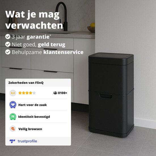 FlinQ Senzaro - 60L Trash Bin Waste Separation - Poubelle - Poubelle de tri - Poubelle - Détecteur de mouvement - Inox