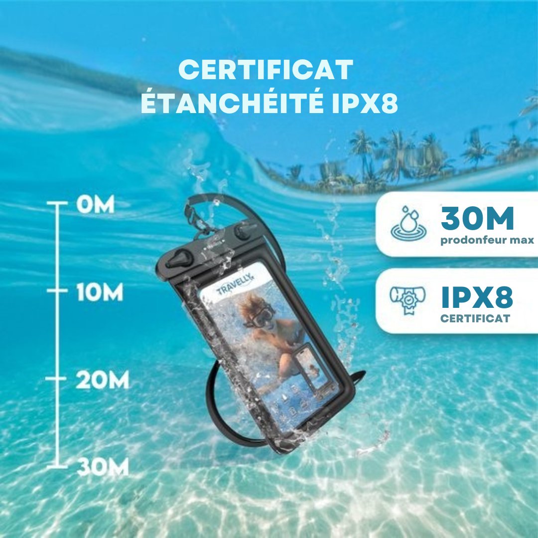 Étui étanche pour téléphone Travelly® - lot de 2 - Étui sous-marin universel pour smartphone - Convient à tous les téléphones - Pour les vacances, la natation et les sports nautiques - Noir/Noir