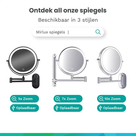 Mirlux Miroir de maquillage avec éclairage Led - rechargeable - grossissement 7X - Miroir grossissant avec lumière - Miroir de rasage - Miroir de salle de bain - Chrome