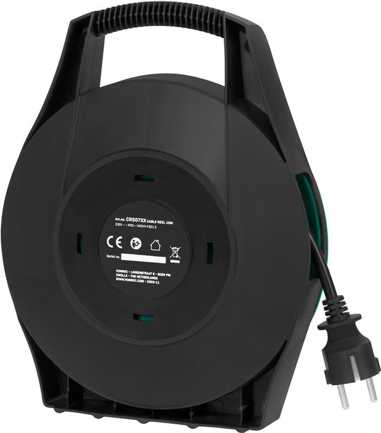 VONROC Enrouleur de câble 10m - IP20 - Câble PVC H05VV-F 3G1.5mm² - 4 prises Schuko mises à la terre - 3200W (déroulé)/1100W (enroulé) - Protection thermique