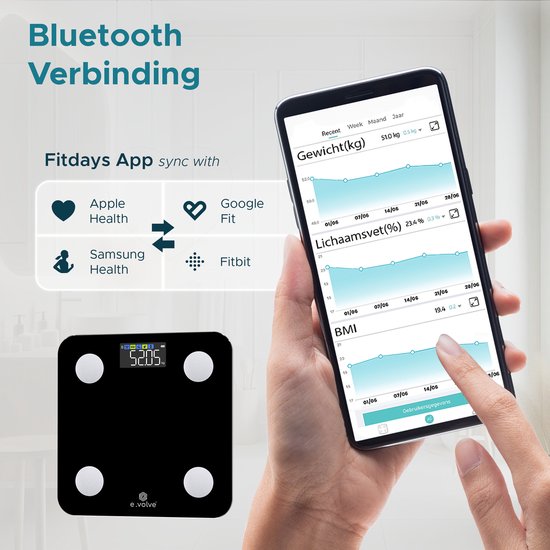 e.volve Scale Pèse-personne numérique - 20 mesures - Pèse-personne intelligent avec analyse du corps - Écran couleur - Pèse-personne de précision - Pèse-personne - Pèse-personne numérique - App. incluse.