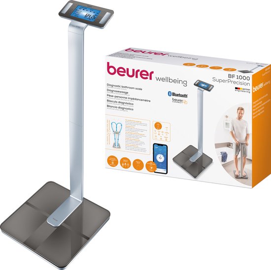 Beurer BF 1000 Super Precision Personal Scale - Analyse complète du corps - Pèse-personne à colonne - Écran XXL éclairé - Jusqu'à 200 kg - Mesure transversale - 8 électrodes - Bluetooth® - Beurer HealthManager Pro app - Piles incluses - Garantie de 5 ans