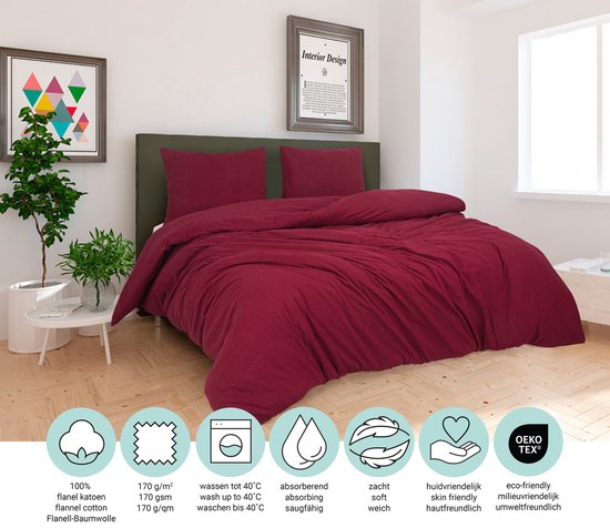 DoubleDry Housse de couette Flanelle 100% coton doux - Lit double 200x200/220 cm + 2 Taies d'oreiller - Respirante et douce pour la peau - Bordeaux
