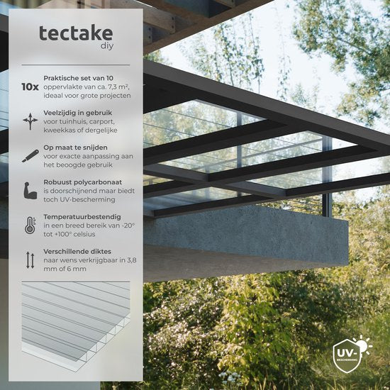 tectake® - Lot de 10 plaques en polycarbonate - Plaques à double paroi robustes, translucides et résistantes aux UV - 121 x 60,5 cm - 7,32m² au total - Transparent - Plaque de serre - Epaisseur 4 mm