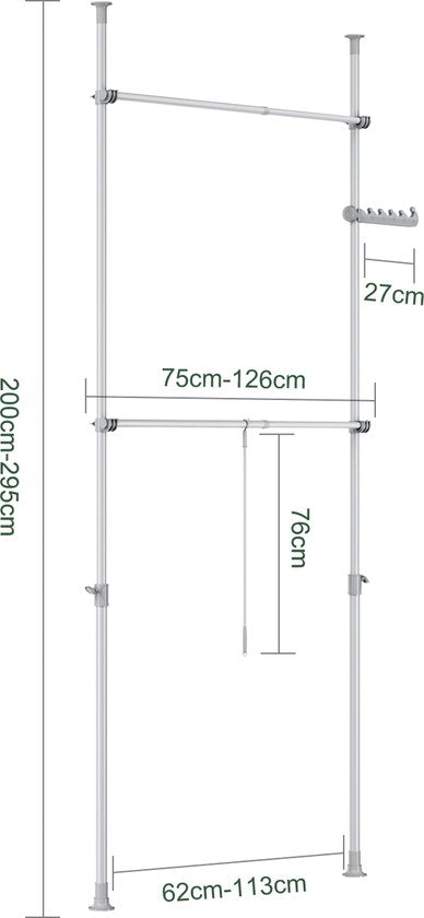 SoBuy Portemanteau télescopique - Système de rangement réglable - Système de penderie - L(75-126) × H(200-295) cm, Gris FRG109-II-HG