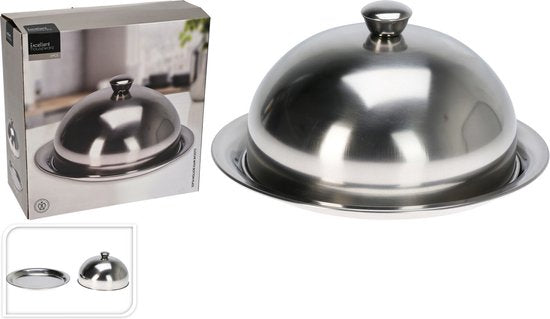 Excellent Houseware bol de service cloche avec plateau - argenté - acier inoxydable - D25 x H12 cm - service alimentaire - avec couvercle
