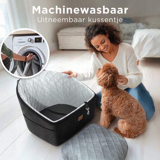 CozySense® Siège auto pour chien - Panier auto pour petit chien - Siège avant et arrière - Avec sangle de sécurité, compartiment de rangement et housse lavable - Noir/Gris