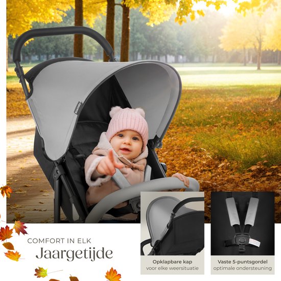 tectake® Buggy - Poussette - Pliable, harnais 5 points, dossier et repose-jambes réglables - Avec frein, roues à roulement souple - Panier de rangement pratique - Noir/gris