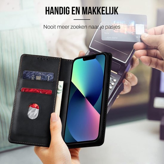 Podec Case with Card Holder Suitable for iPhone 13 Mini Black Phone Case - Anti-Shock Bookcase Cover with 1x Screen Protector - Wallet Case