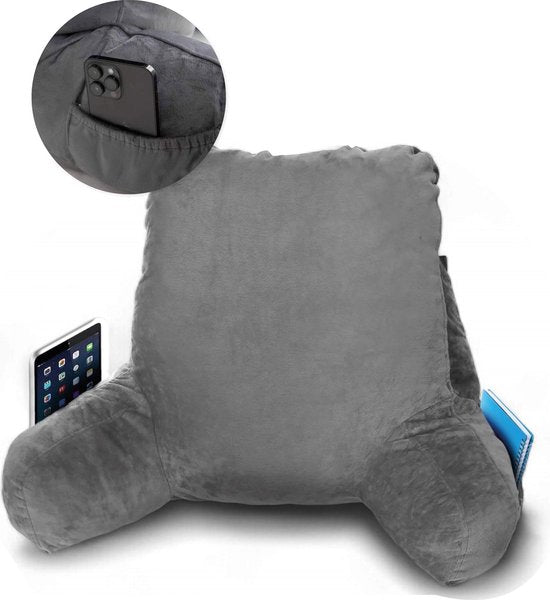 Coussin de lecture - Pour le lit - Avec 3 poches - Coussin de dossier canapé - Coussin d'assise - Lombaire - Coussin de dossier bas du dos - Lecture - Coussins - Support - Livres - livre - Siège - Gris