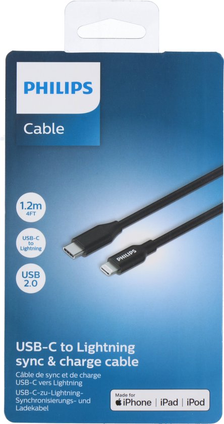 Philips - Câble USB-A vers Lightning - DLC3106V/03 - Câble de 2 mètres - Chargement et synchronisation - Câble de remplacement Apple Lightning - Noir