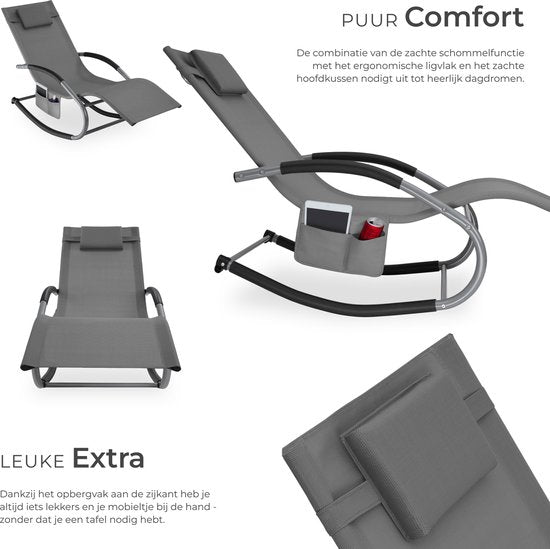 tectake® Lounger Taya - Chaise longue ergonomique pour le jardin, la terrasse, le balcon - Fauteuil de relaxation avec fonction de balancement - Chaise de jardin avec accoudoirs confortables, appui-tête et compartiment de rangement - Résistant aux intempé